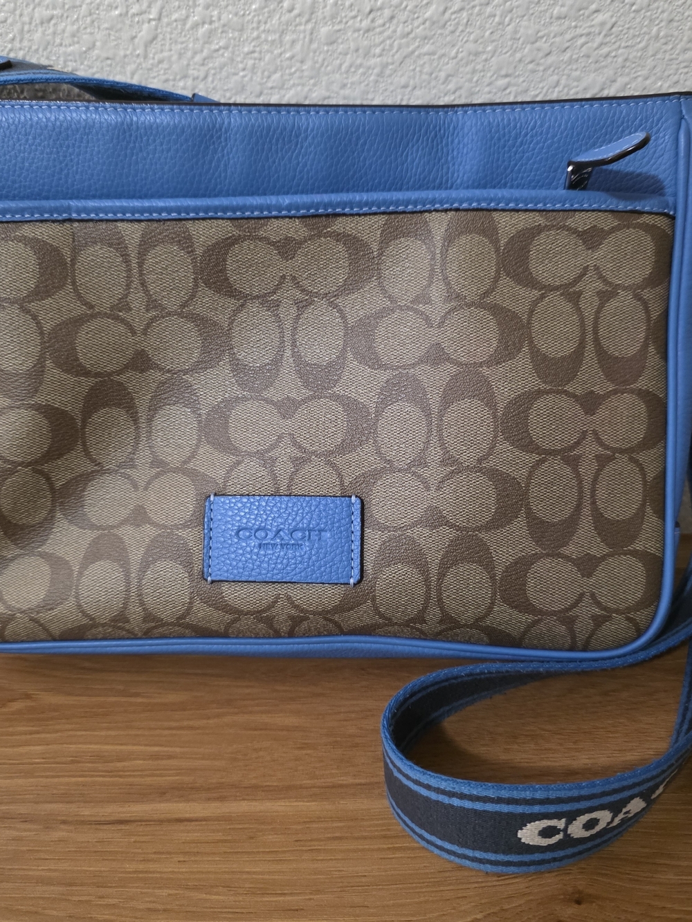 Coach Signature Canvas Crossbody with Blue Leather Trim